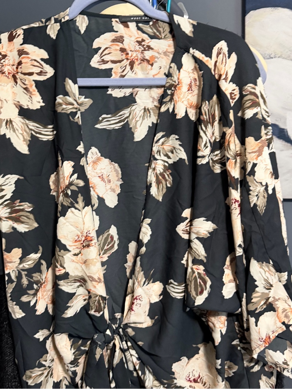 West Kei ~ Satin Kimono ~ Black base w/ Cream, Peach & Olive Flowers ~ Tie Front - Picture 7 of 9